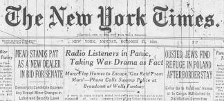 NEW YORK TIMES 1938 HEADLINES ABOUT THE RADIO BROADCAST OF WAR OF THE WORLDS - ENLARGE (MORE)